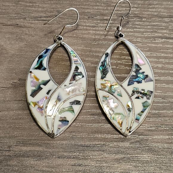 Vintage Alpaca Silver & Abalone Teardrop Cutout Dangle Earrings - Picture 1 of 5